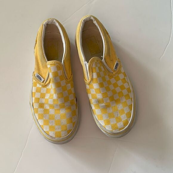 Vans yellow and white checkered printed slip on elastic kids size 3 - Picture 1 of 8